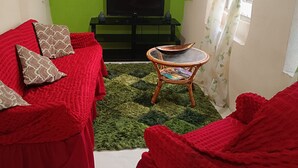Una sala de estar acogedora con dos sofás rojos, un televisor de pantalla plana, una pared verde y una ventana con cortinas verdes.