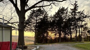 A gravel path leading to a red bench under a large tree, with a house and dense trees in the background. - Explore the Shawnee National Forest-reserve the SHAWNEE HIDEAWAY (Equality)