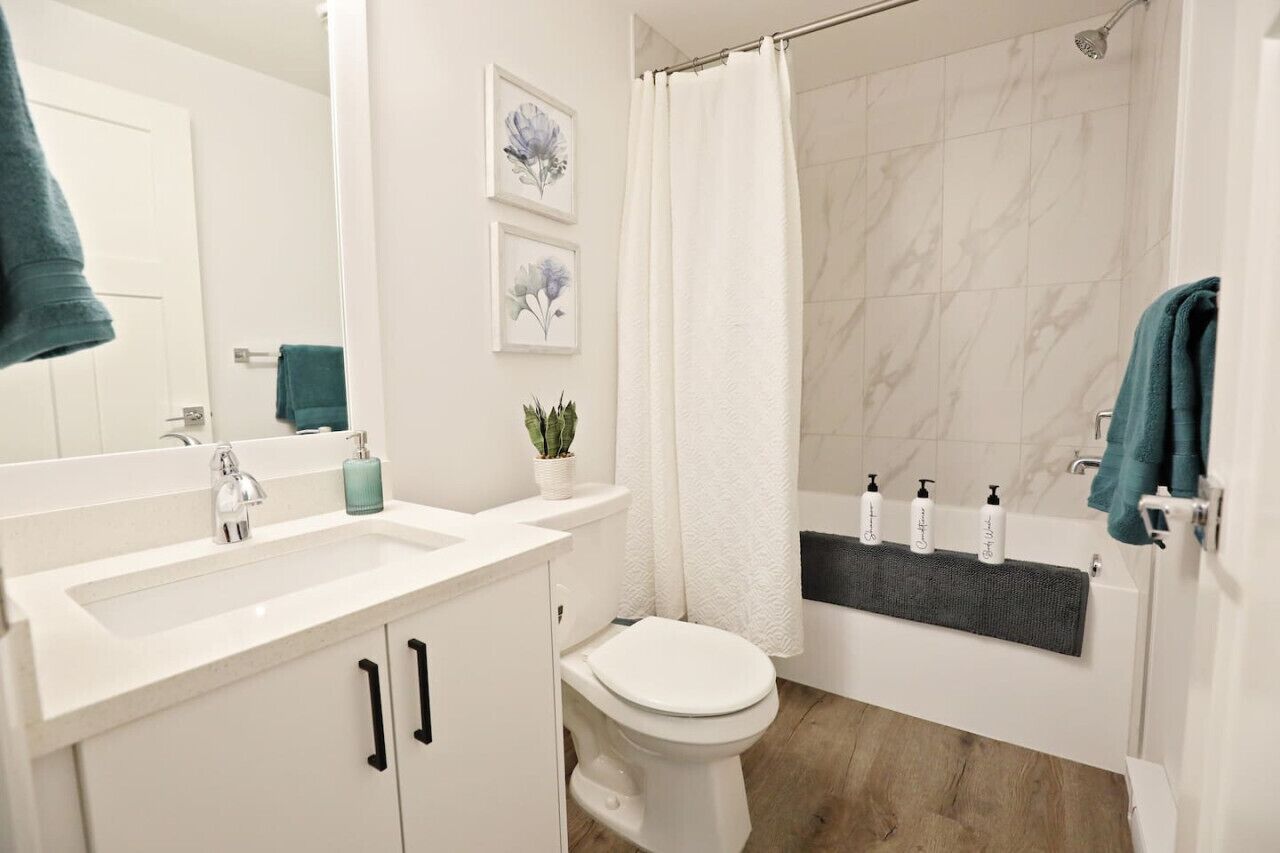 A modern bathroom with a white sink, toilet, and shower area. There are framed pictures on the wall, a potted plant, and a towel rack with towels.