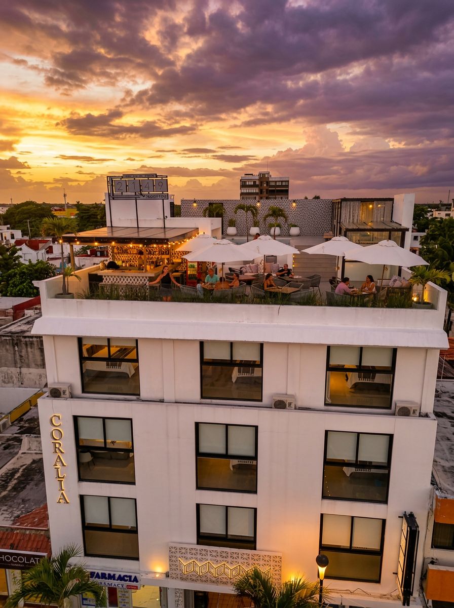 Un hotel con bar en la azotea y zona de estar al aire libre.