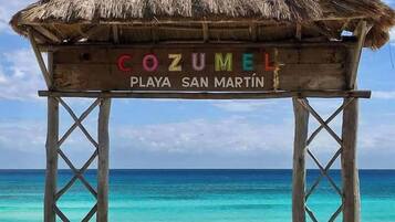 Una estructura de madera con techo de paja identificada con 'COZUMEL PLAYA SAN MARTIN' en una playa.