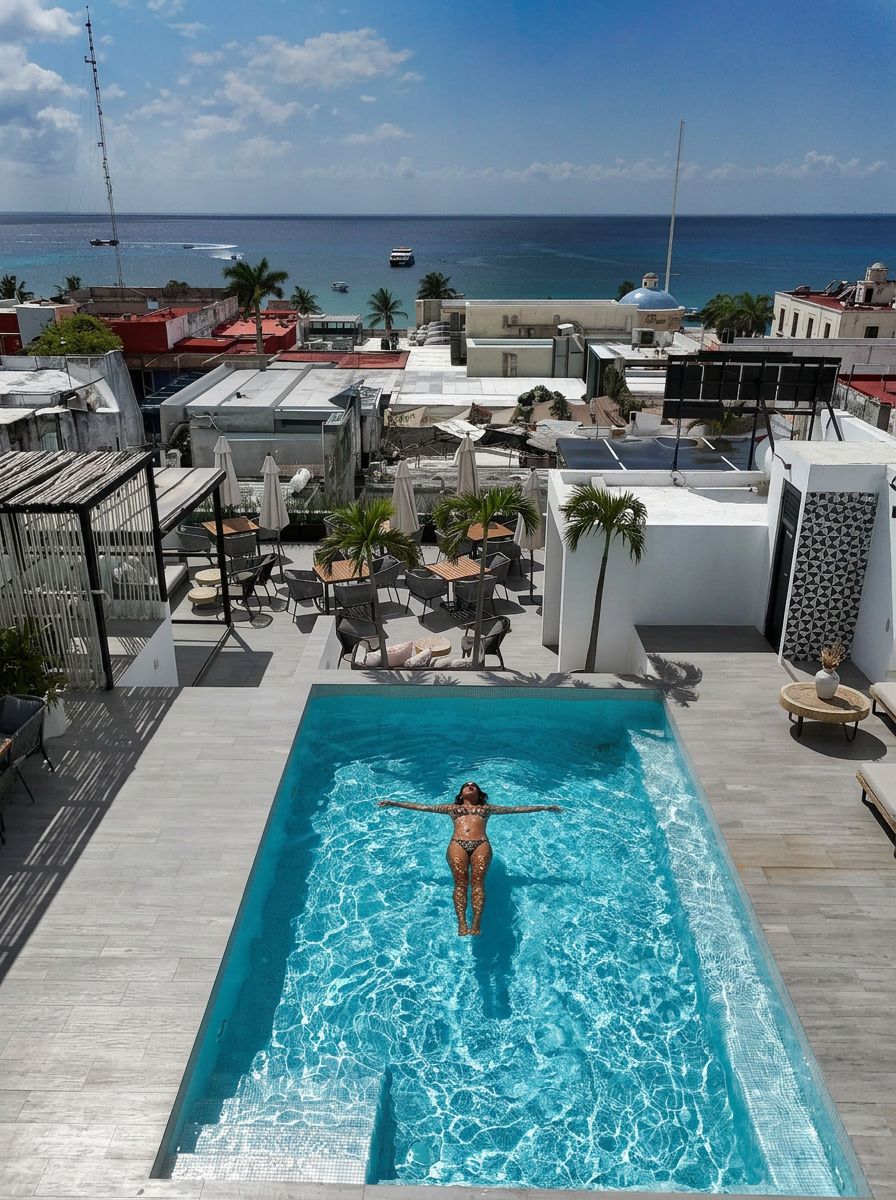 A rooftop pool with a clear view of the ocean and a cityscape in the background.