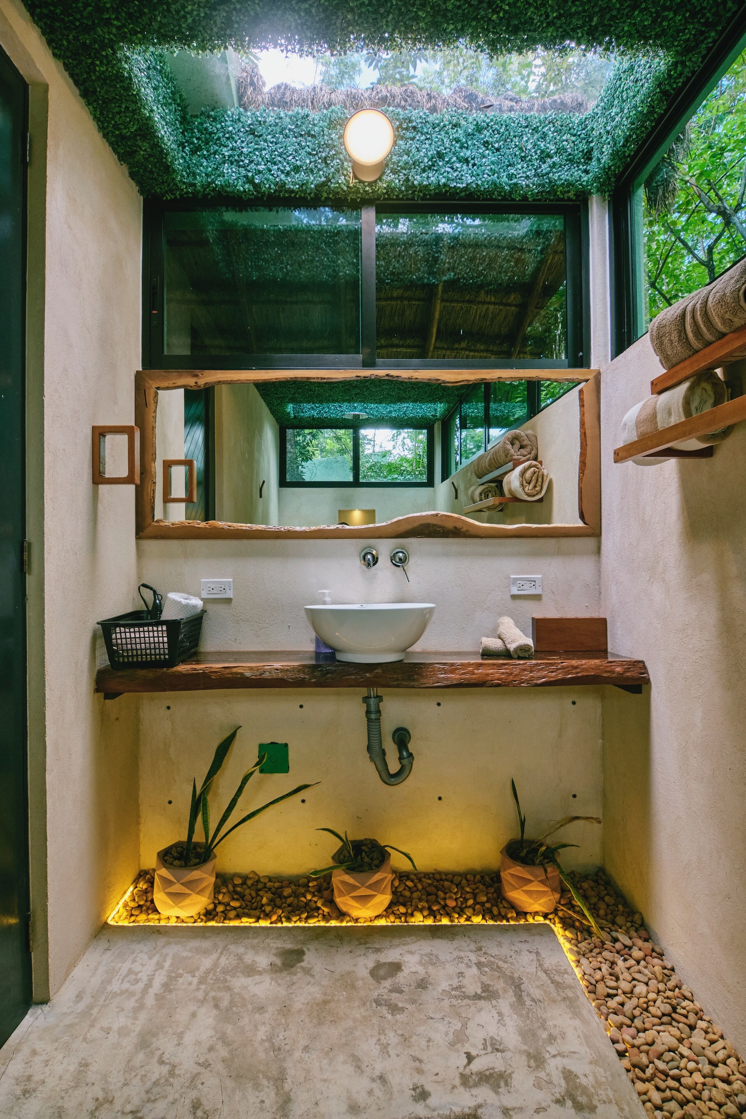 Un baño con un espejo grande, encimera de madera, lavamanos blanco y plantas en macetas.