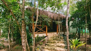 Un espacio rústico al aire libre con una construcción de techo de paja, escalones de piedra y abundante vegetación.