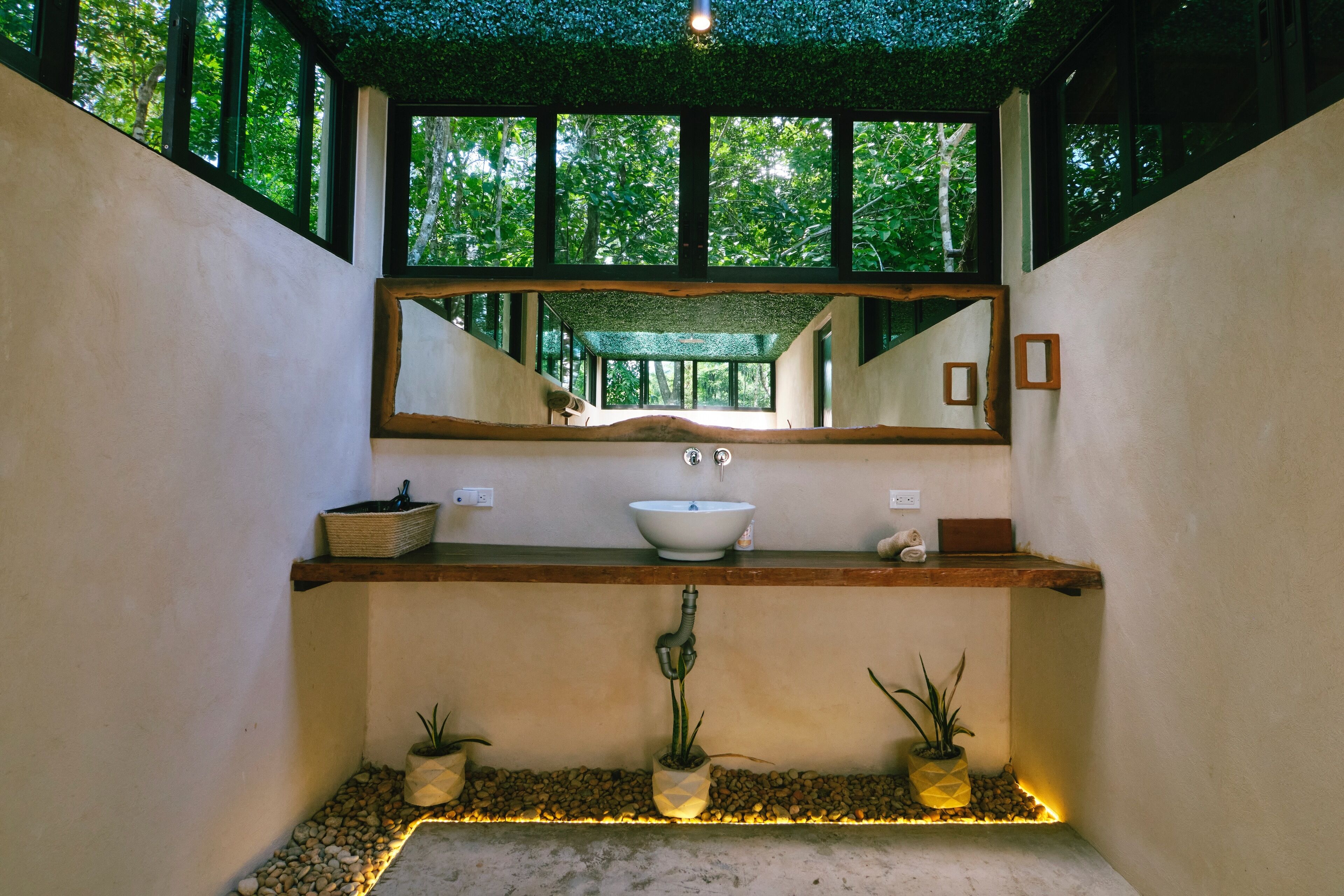 Un baño con un espejo grande, un lavamanos y dos plantas en macetas.