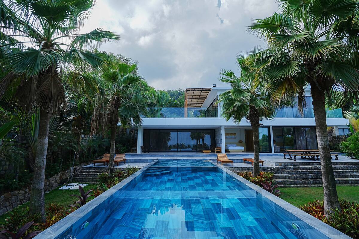 A modern pool area with a clear blue pool, surrounded by palm trees and a contemporary building with large windows.