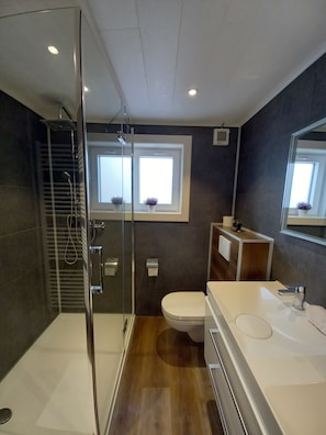 Shower, hair dryer, towels, soap