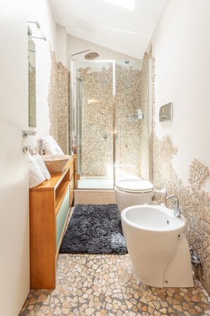 Douche, sĂšche-cheveux, bidet, serviettes fournies