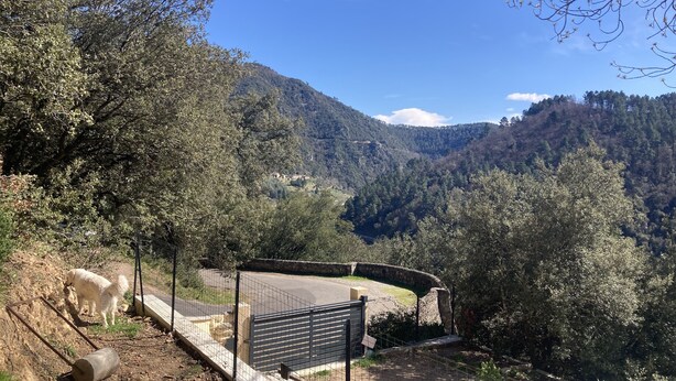 A fenced area with a paved path, a stone wall, and a view of a valley with trees and a mountain in the background. - Gîte Charmant Dans Maison Ardéchoise au Coeur des Montagnes Pour Amoureux Nature (Saint-Michel-de-Chabrillanoux)
