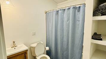 Hair dryer, towels, soap, shampoo