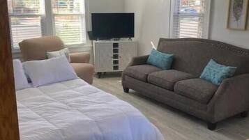 A bedroom with a bed, a sofa, a television, and a ceiling fan.