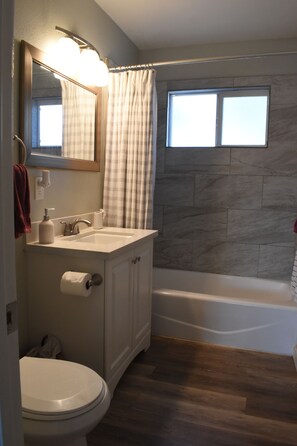 Hair dryer, towels, soap, shampoo