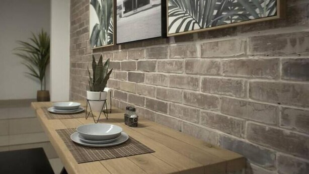 A dining area with a wooden table, two white plates, a potted plant, and a brick wall. - Luxurious apartment near the consulate.

 (Juárez)