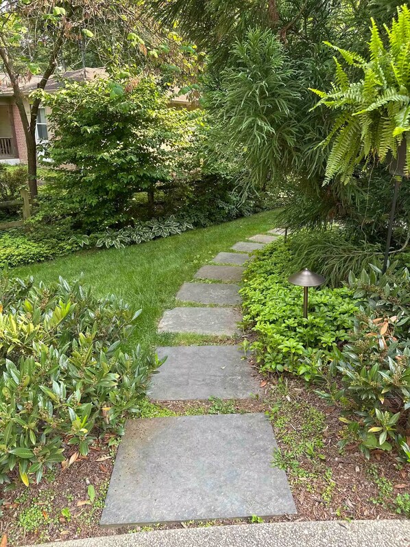 A stone pathway leading through a lush garden with various plants and trees.