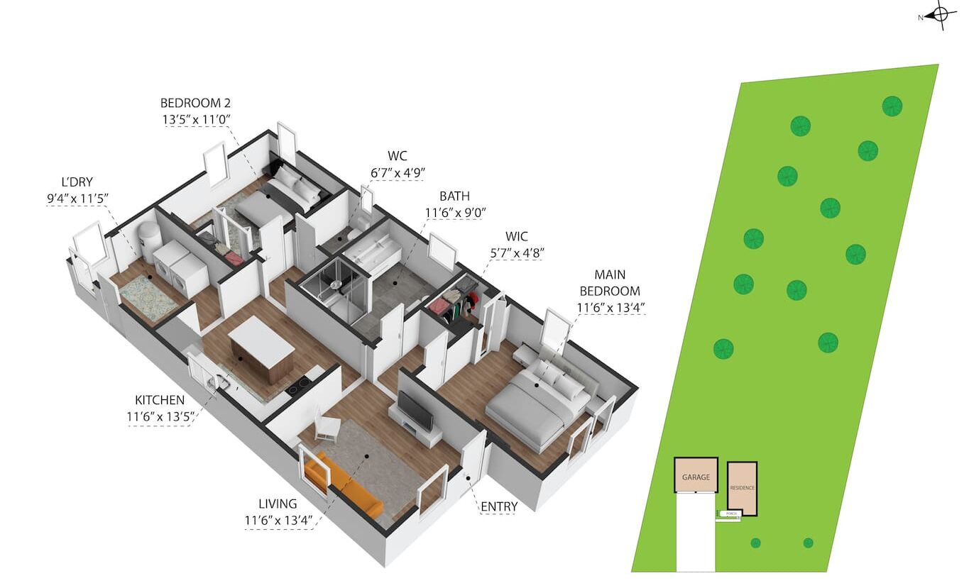 A 3D floor plan of a residential property with labeled rooms including a main bedroom, two bedrooms, a kitchen, a living room, a bathroom, and a garage.