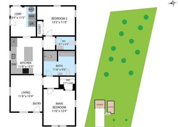 Plano de planta de una propiedad residencial con dos dormitorios, cocina, sala de estar, baño y garaje.