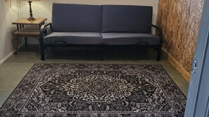 A room with a sofa, a patterned rug, a lamp, and a window. - Private 1 room studio near rhe lake (Burnet)