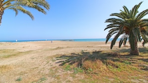 Une plage bordée de palmiers, un ciel dégagé et une côte lointaine.