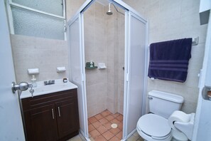 Shower, towels, soap, shampoo