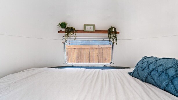 A bed with a white mattress and a blue pillow, a wooden headboard, and a small shelf with plants and a framed picture.