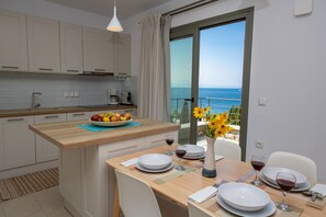 Panoramic House | Private kitchen | Full-size fridge, microwave, oven, stovetop - Grand View Elios (Skopelos)