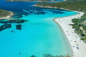 Oversigtsbillede af et kystområde med en strand, klart turkis vand og en sejlbåd.