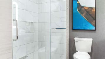 A bathroom with a glass-enclosed shower, a white toilet, and a framed artwork on the wall.