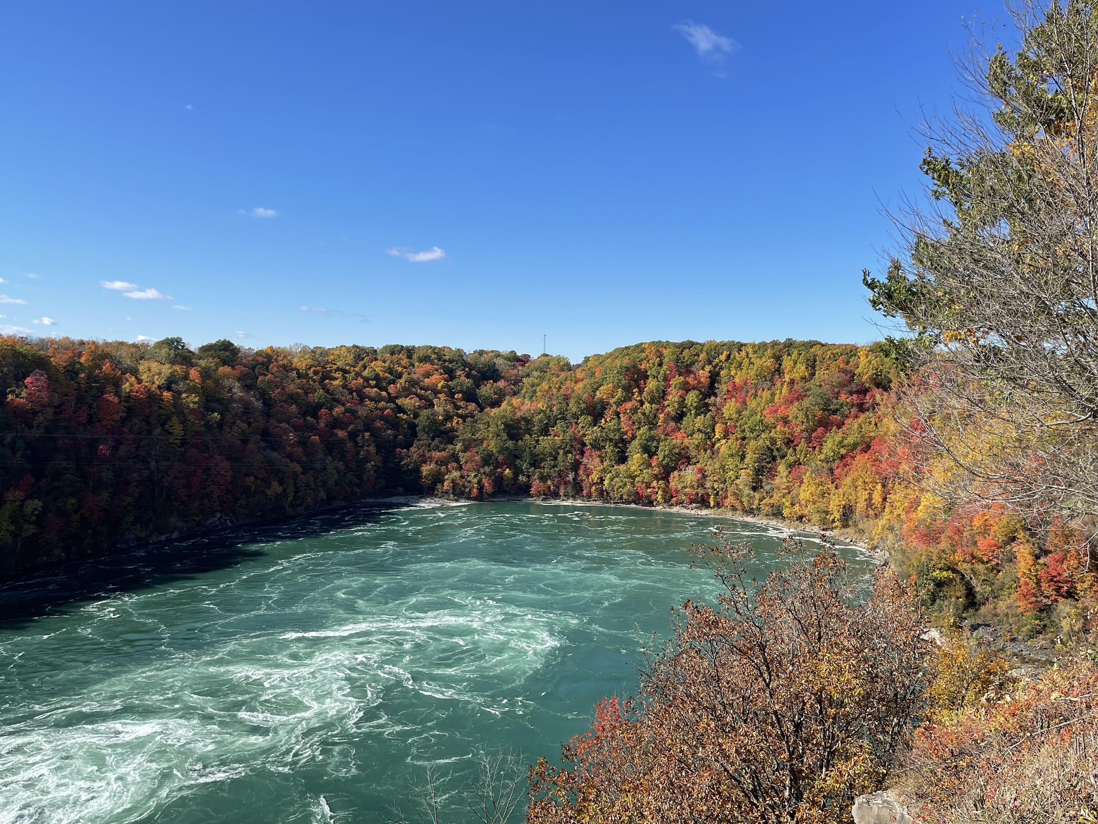 A river surrounded by autumn-colored trees.