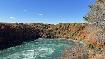 A river surrounded by autumn-colored trees.