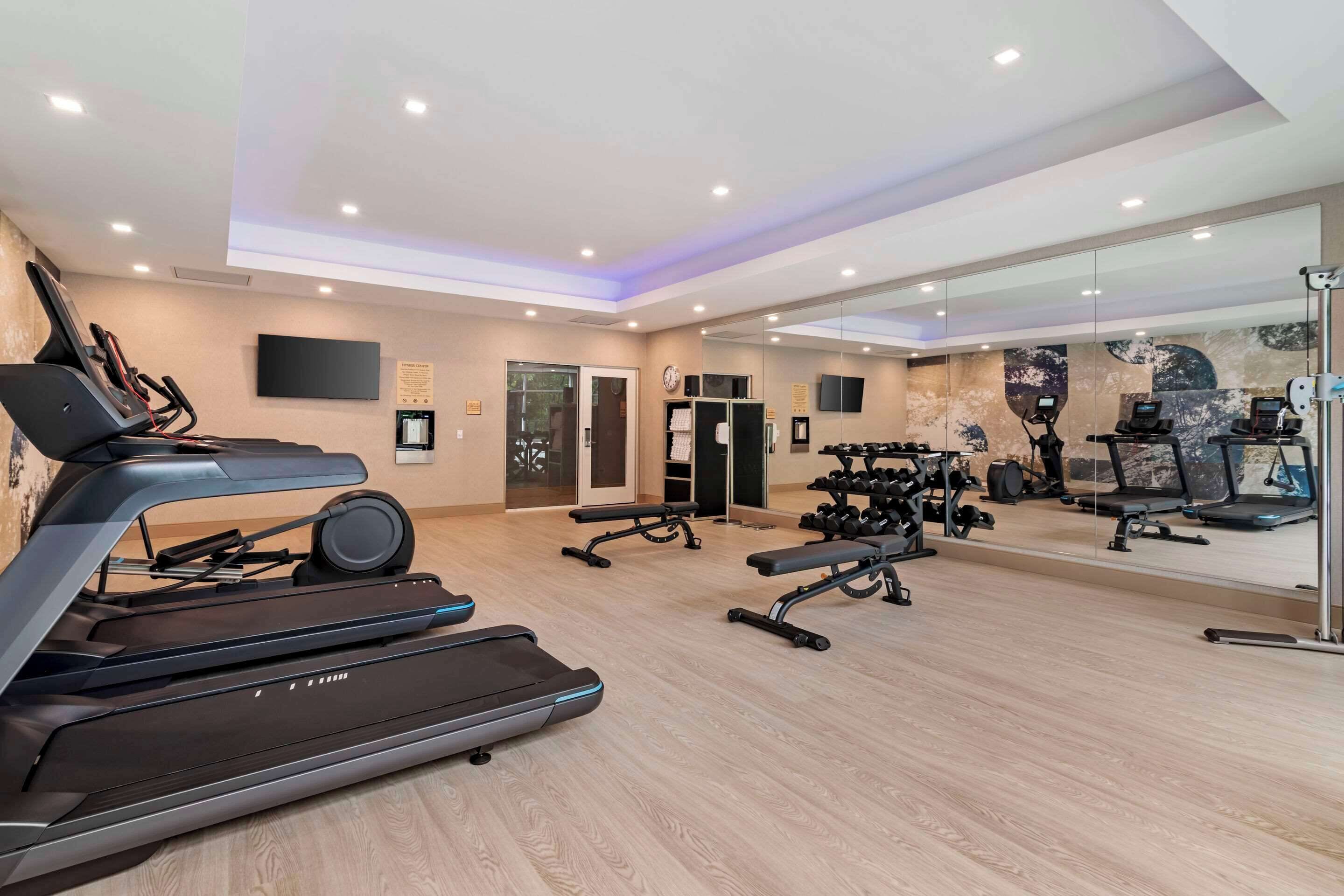 A modern gym with treadmills, weight machines, and a mirrored wall.
