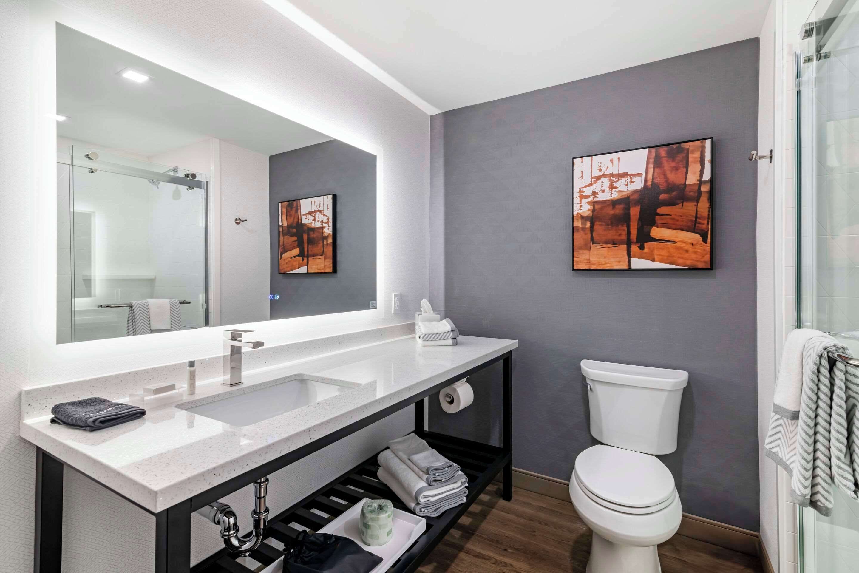 Un baño moderno con un espejo grande, un lavabo blanco, un inodoro y una zona de ducha.
