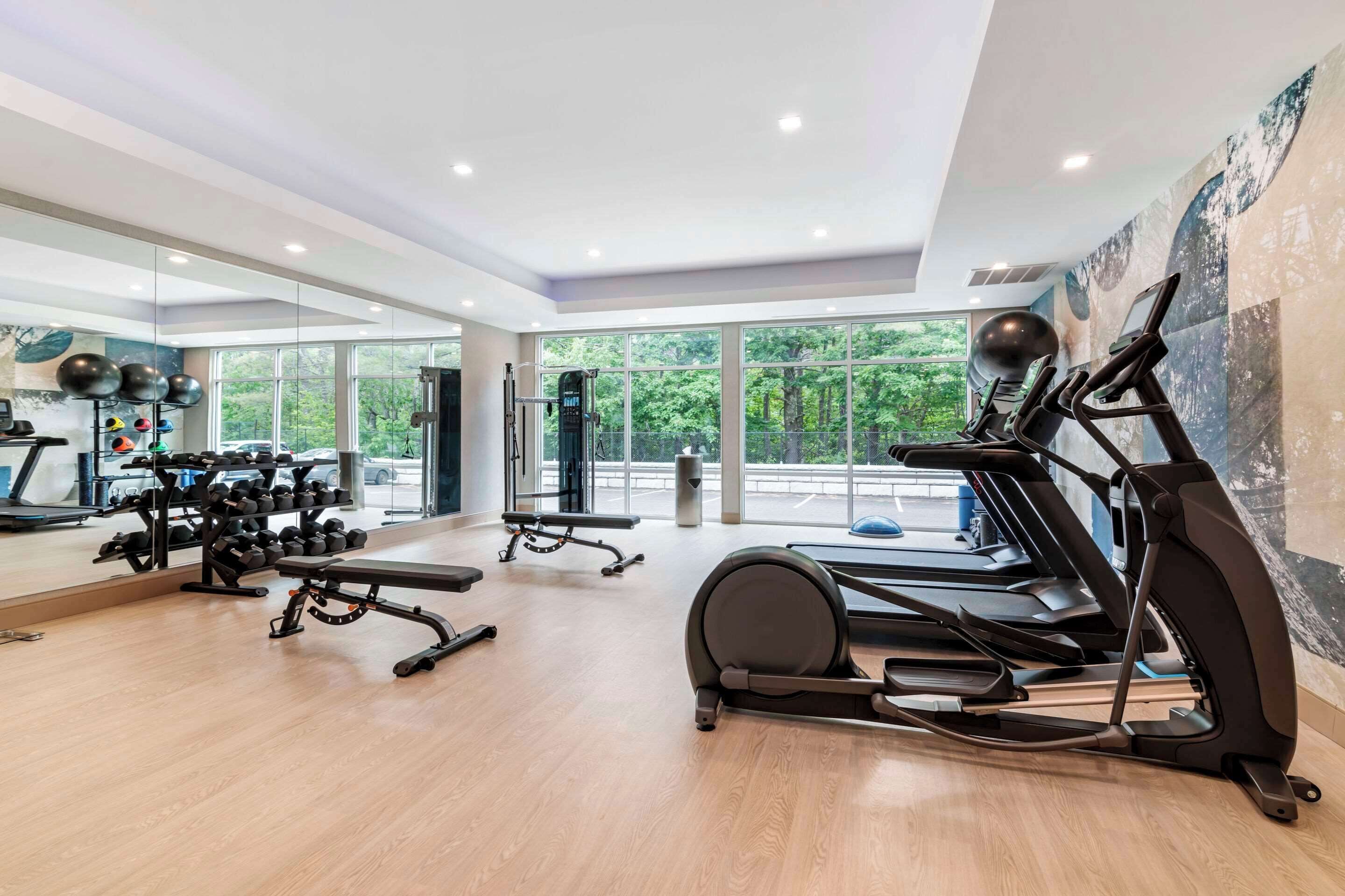 A modern gym with treadmills, weight machines, and a mirror wall.