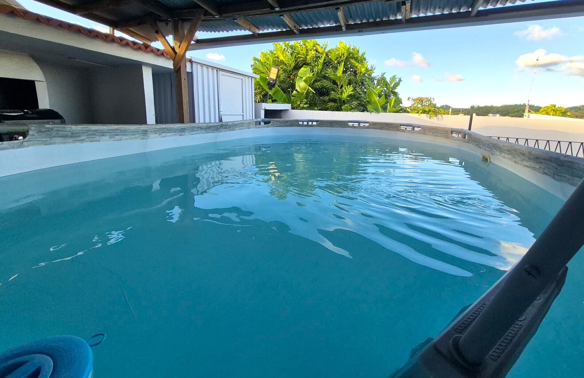 A swimming pool with clear water, surrounded by a covered area with a view of greenery and a clear sky.
