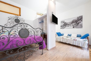 A bedroom with a bed, a TV, a sofa, and a wall-mounted picture.