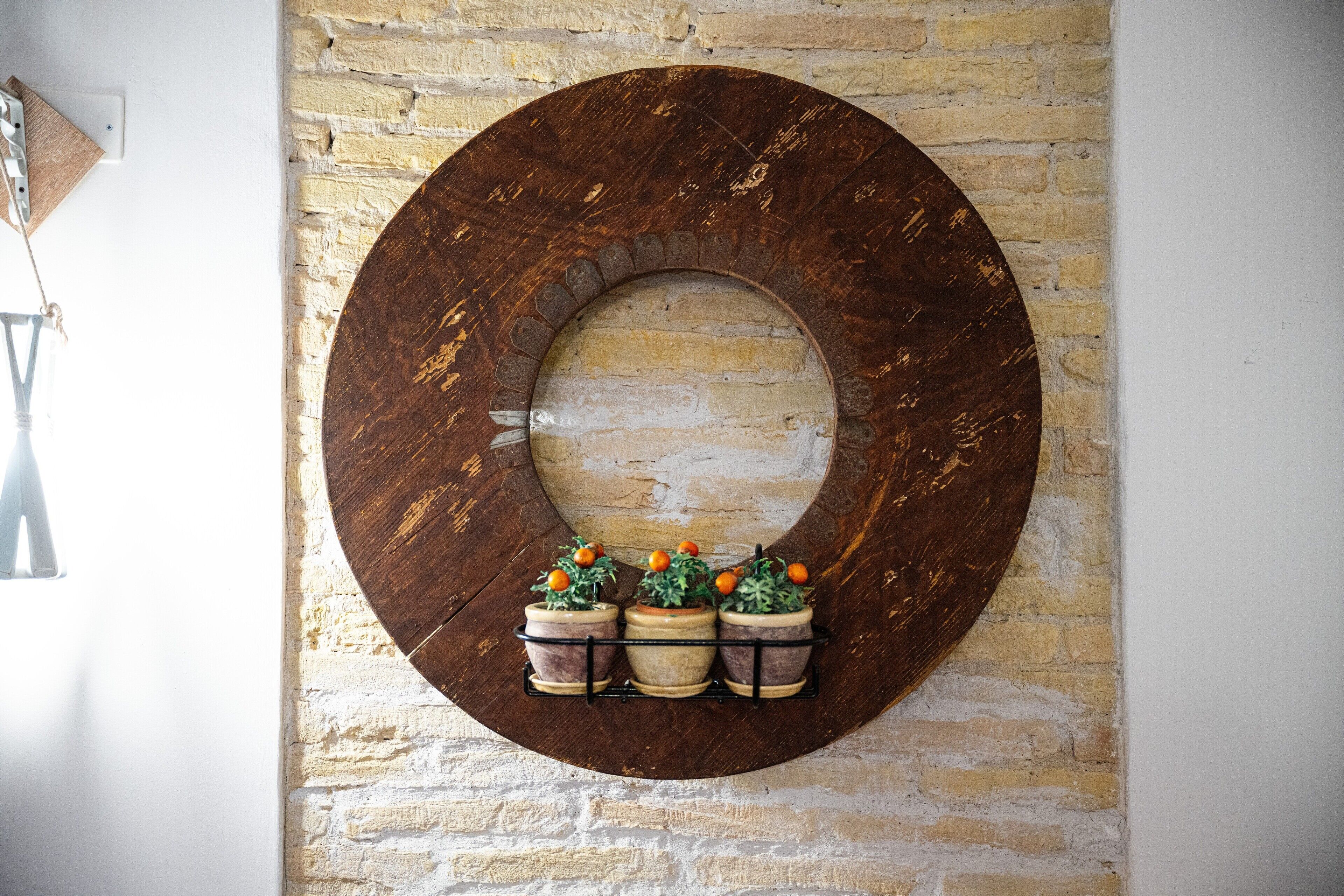 A circular wooden wall decoration with three potted plants.