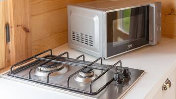 A kitchenette with a gas stove, a microwave, and wooden cabinetry.