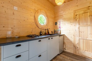 Fridge, microwave, stovetop, coffee/tea maker