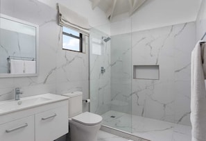 Hair dryer, towels, soap, toilet paper