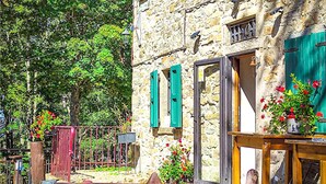 A stone building with green shutters, a wooden table, and potted plants. - Amazing apartment in Subbiano (Subbiano)