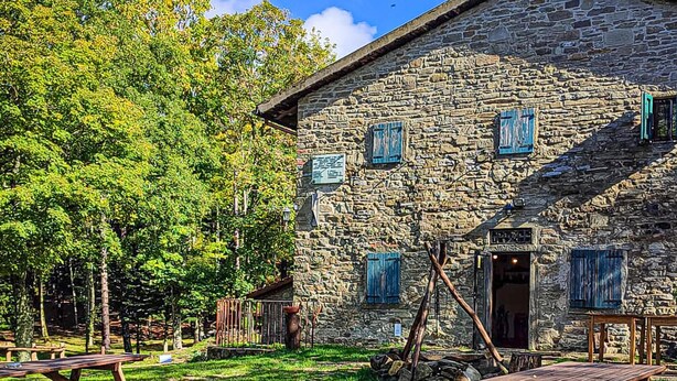 A stone building with multiple windows and a door, surrounded by trees and picnic tables. - Amazing apartment in Subbiano (Subbiano)