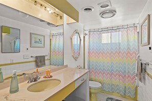 Hair dryer, towels, soap, shampoo