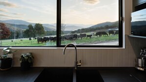 Eine Küche mit einem großen Fenster mit Blick auf eine Koppel mit Kühen.