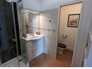 Bathroom features a glass-enclosed shower, sink, and toilet, with a framed picture on the wall.