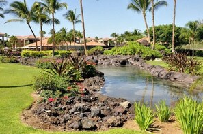 Surrounded by lush greenery and palm trees, this resort area features a serene naturalistic landscape with a small pond.