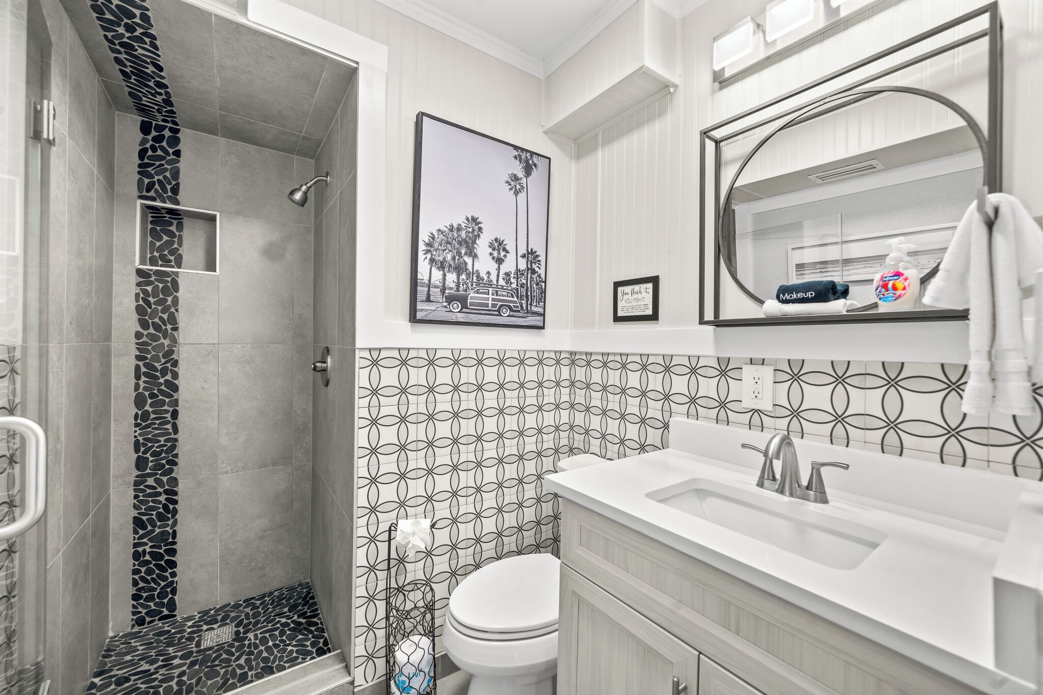Hair dryer, bidet, towels, soap