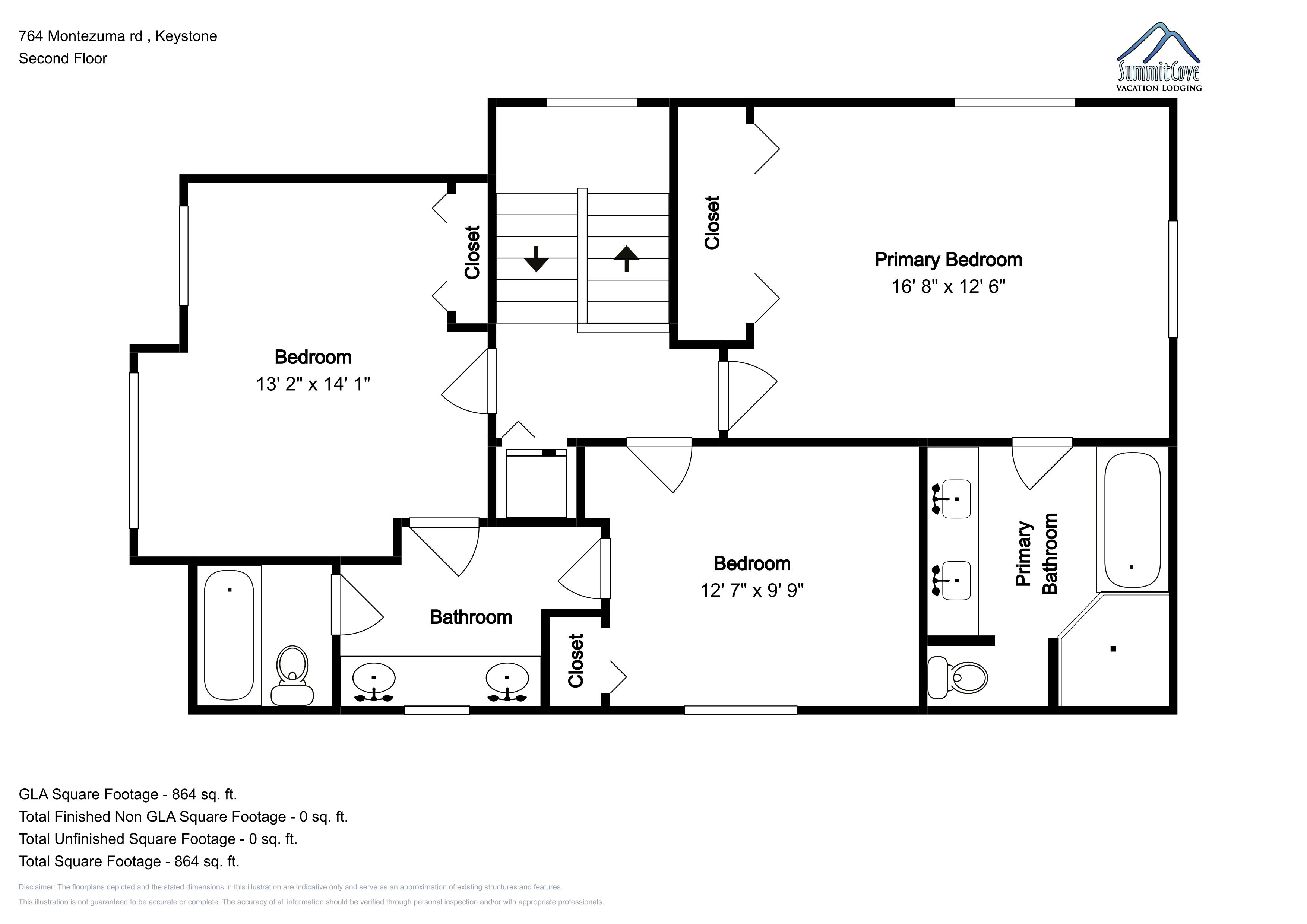 Plano de planta de una habitación de hotel en el segundo piso, con una superficie total de 864 pies cuadrados. Incluye dos dormitorios, uno más grande y otro más pequeño, un baño, un armario y un dormitorio principal.