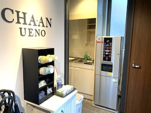 Mini-fridge, microwave, stovetop, rice cooker