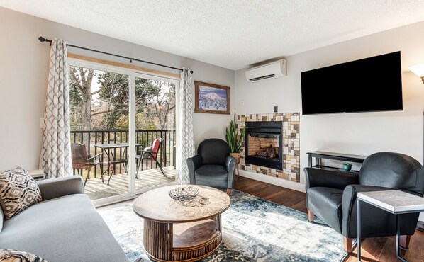 Televisión, chimenea, libros