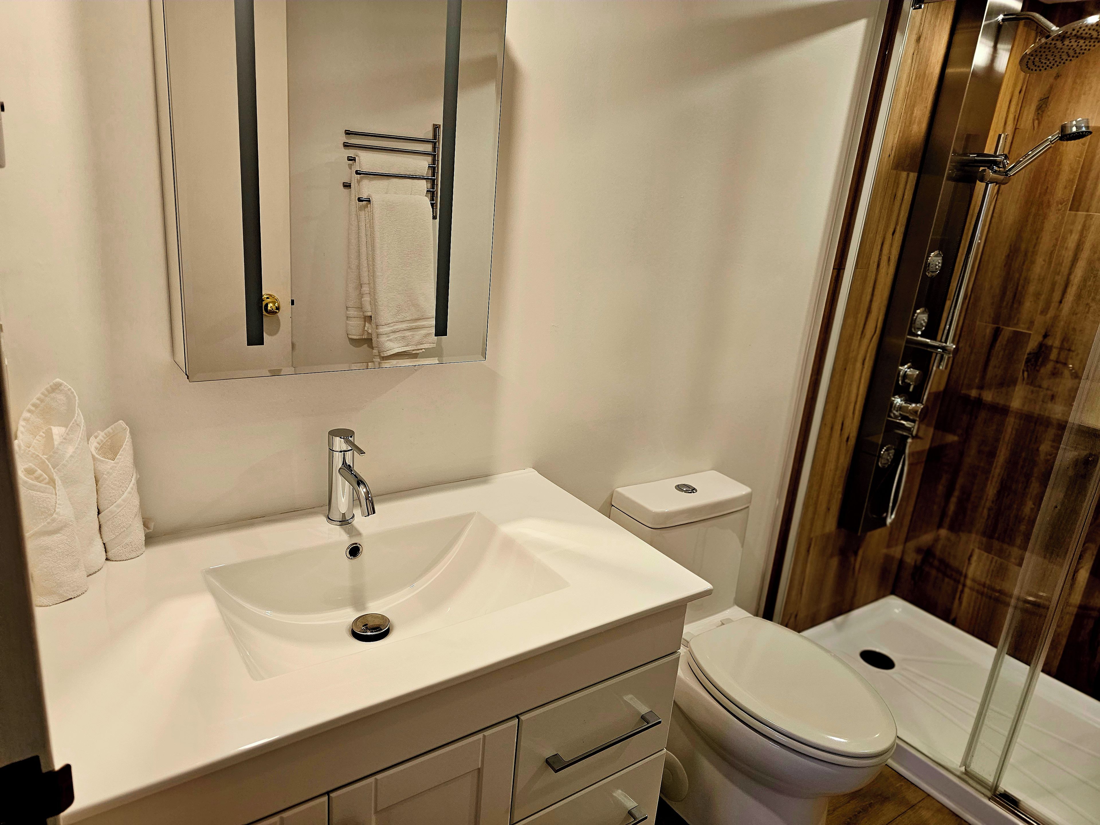 A bathroom with a white sink, a mirror, a toilet, and a shower area.