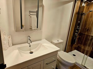 Une salle de bain avec un lavabo blanc, un miroir, des toilettes et un espace douche.